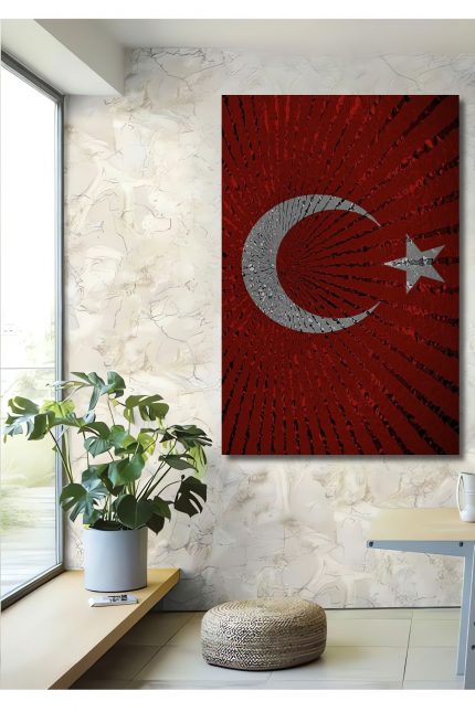 Dekoratif Dikey Türk Bayrağı Duvar Tablo Ahşap Dikdörtgen Tablo