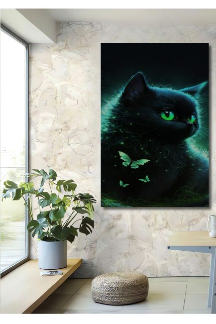 Dekoratif Dikey Neon Kedi Duvar Tablo Ahşap Dikdörtgen Tablo